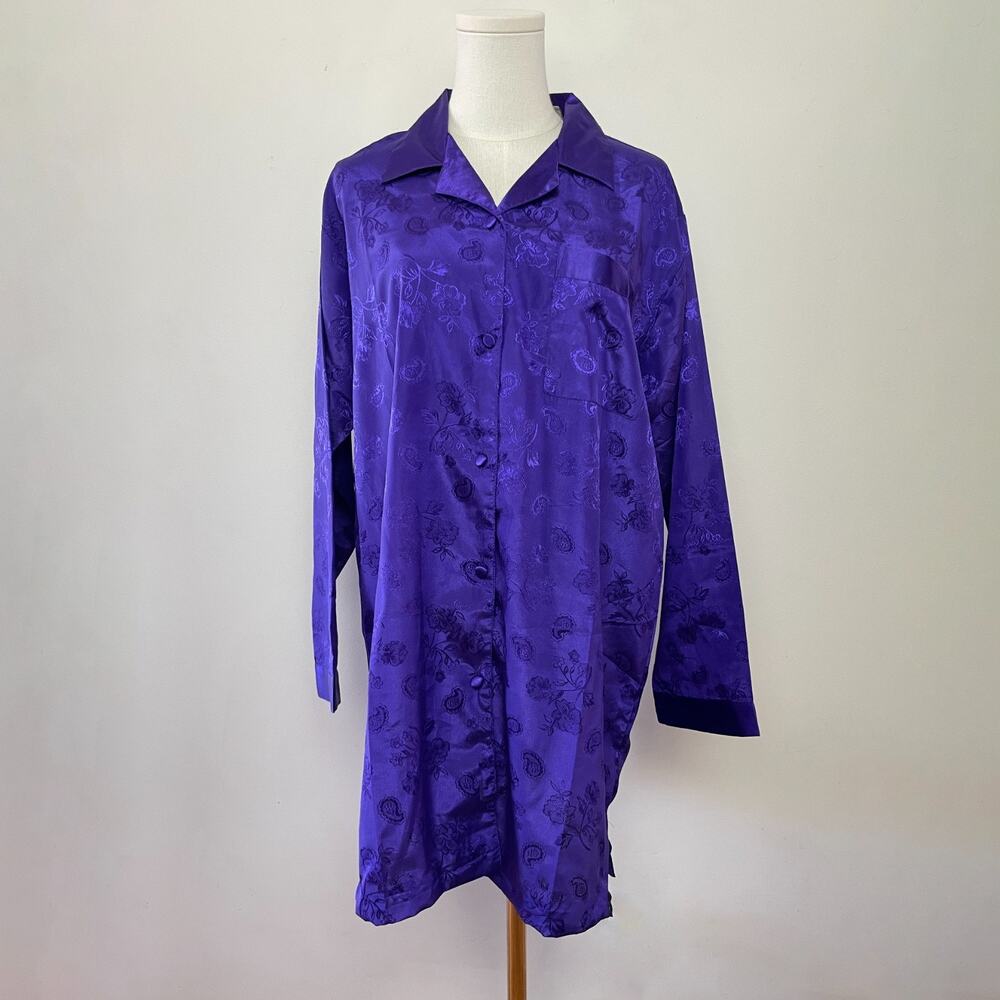 Vintage 90s Floral Purple Satin Pajama‎ Nightgown Dress M/L Coquette Maximalist